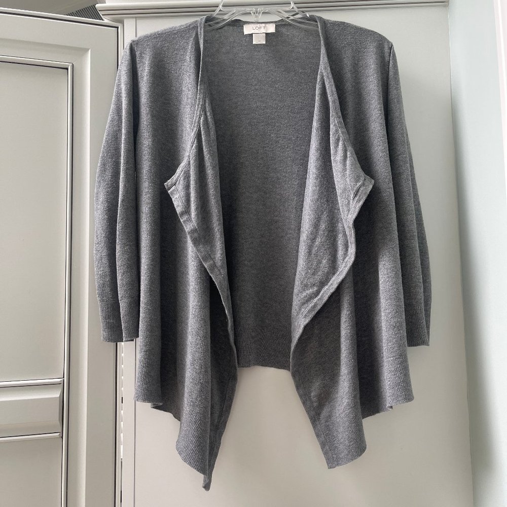 LOFT Three Quarter Sleeve Waterfall Open Cardigan, Grey, Size Medium